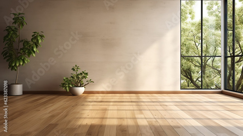 Empty room of modern contemporary loft with wooden floor and large windows to garden. Copy space. Generative AI