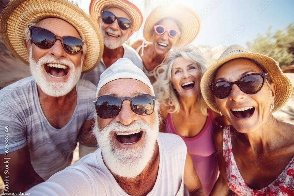 Happy group of senior people taking selfie and smiling at the camera on summer vacation. Pensioners traveling and having fun together on summer holiday Happy group of senior people taking selfie and smiling at the camera on summer vacation. Pensioners traveling and having fun together on summer holiday