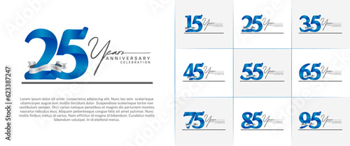 set of anniversary logo with blue number and silver ribbon, handwriting text can be use for celebration