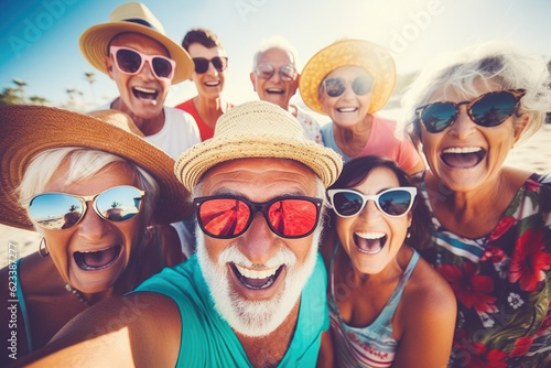 Happy group of senior people taking selfie and smiling at the camera on summer vacation. Pensioners traveling and having fun together on summer holiday