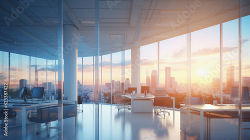 a blurred background of a light modern office interior with panoramic windows and beautiful lighting created by generative AI