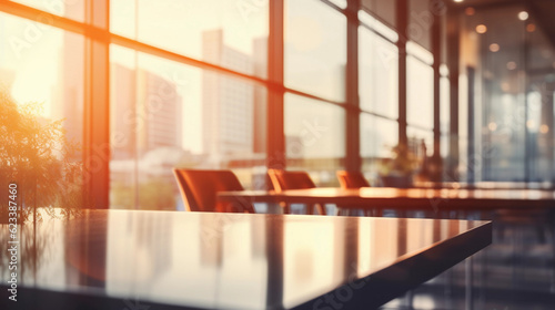 a blurred background of a light modern office interior with panoramic windows and beautiful lighting created by generative AI