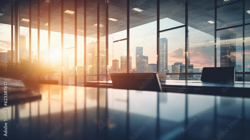 Fototapeta premium a blurred background of a light modern office interior with panoramic windows and beautiful lighting created by generative AI