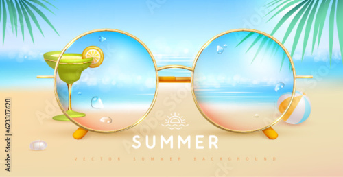 Realistic round shaped summer sunglasses with tropic ocean landscape background and cocktail in lenses.  Summer background. Vector illustration.