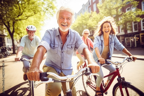 Group of elderly tourists cycling in Amsterdam