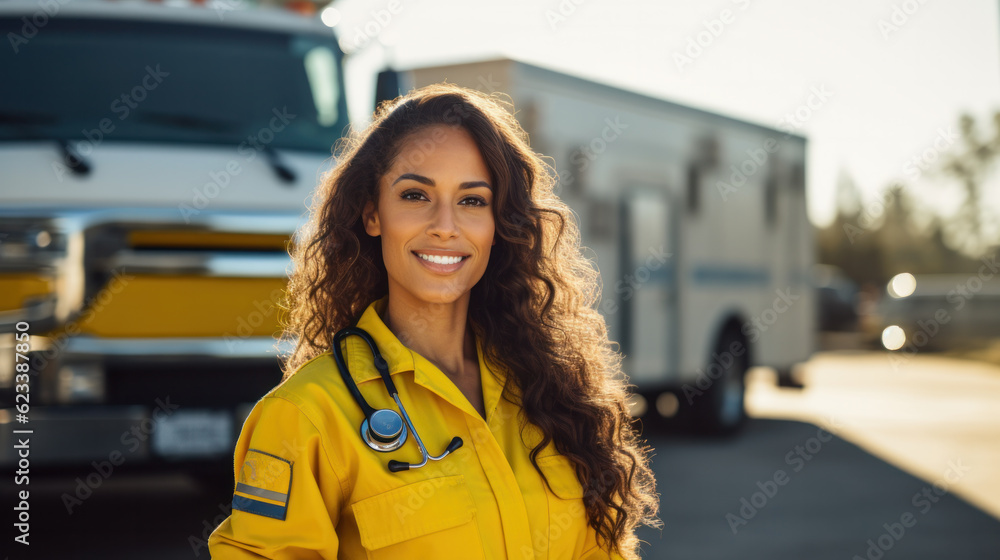 Portrait of a Female EMS Paramedic Proudly Standing in Front of Camera in High Visibility Medical Uniform with 