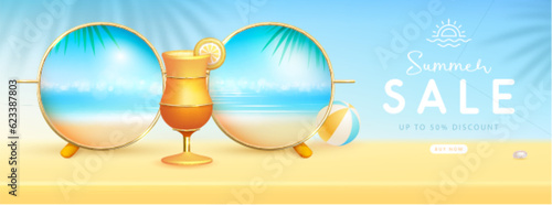 Realistic round shaped summer sunglasses with tropic ocean landscape background in lenses and cocktail. Summer big sale banner. Vector illustration.