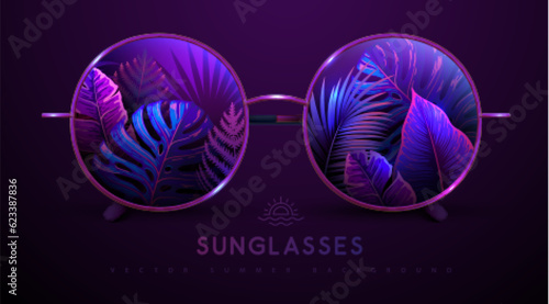 Realistic round shaped summer sunglasses with fluorescent tropic leaves in lenses.  Summer background. Nature concept.  Vector illustration.