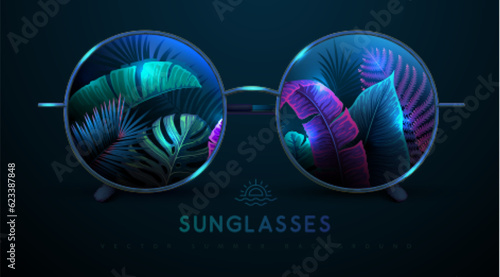 Realistic round shaped summer sunglasses with fluorescent tropic leaves in lenses.  Summer background. Nature concept.  Vector illustration.