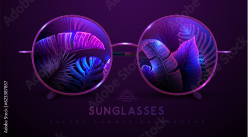 Realistic round shaped summer sunglasses with fluorescent tropic leaves in lenses.  Summer background. Nature concept.  Vector illustration.