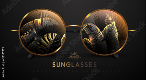 Realistic round shaped summer sunglasses with fluorescent tropic leaves in lenses.  Summer background. Nature concept.  Vector illustration.