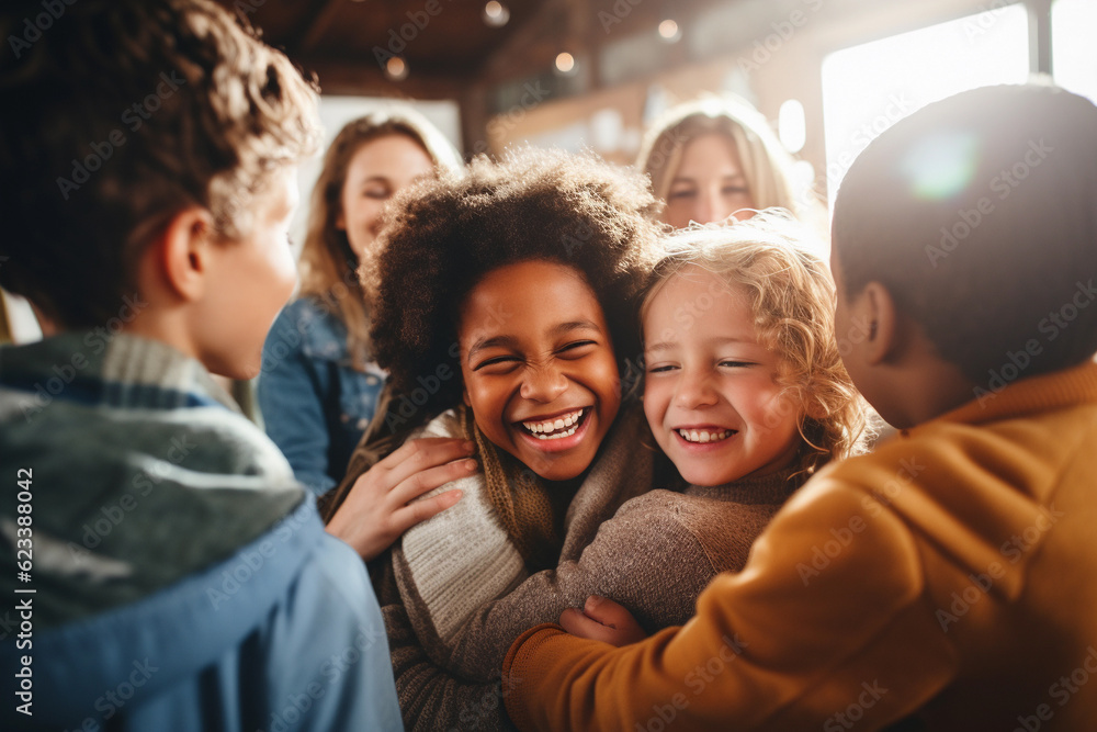 Obraz premium Group of people hugging in a circle in a therapy session