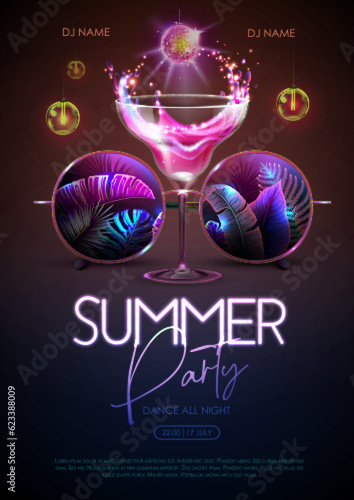 Summer disco party poster with round shaped sunglasses, fluorescent tropic leaves and cocktail. Vector illustration.