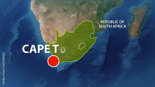 Designation of the borders country of South Africa on the map and the mark of the location of the city of Cape Town