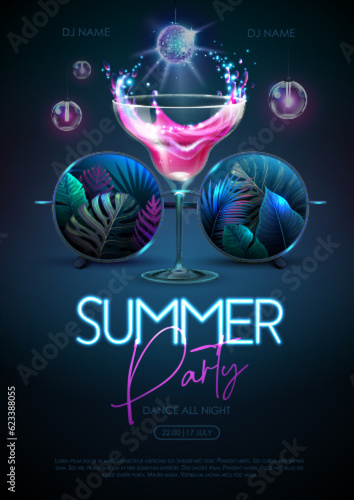 Summer disco party poster with round shaped sunglasses, fluorescent tropic leaves and cocktail. Vector illustration. photo