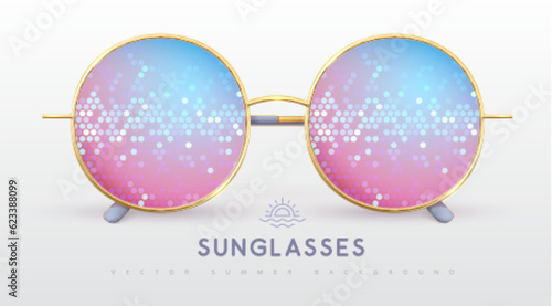 Realistic round shaped sunglasses with disco ball gradient lenses. Vector illustration.