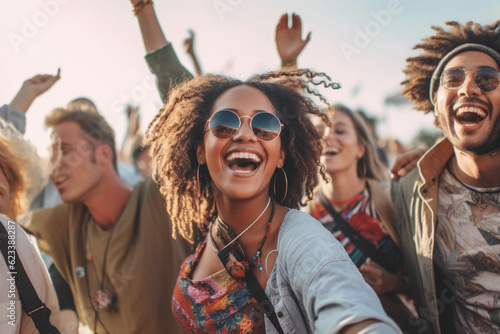 A diverse and energetic group of millennials dancing with joy and excitement at a lively music festival. © Creative Clicks
