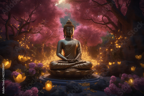buddha statue on flowering trees in forest scenery, generative AI