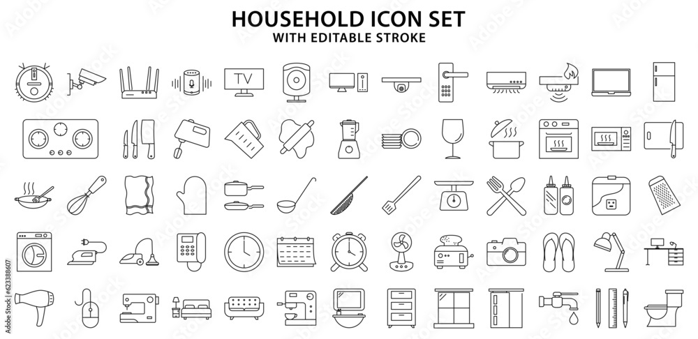 Household icons. Set icon about household, Home appliance, home furniture. Line Icons. Vector Illustration. Editable Stroke.