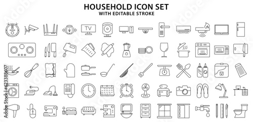 Household icons. Set icon about household, Home appliance, home furniture. Line Icons. Vector Illustration. Editable Stroke.