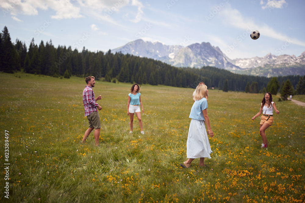 A group of friends is playing with the ball on the meadow at the mountains. Friendship, nature, activity