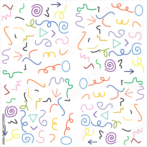 hand drawn colorful fun doodle seamless pattern collection. Creative abstract style art background for children. Trendy texture design with basic shapes. Simple childish doodle wallpaper print set.