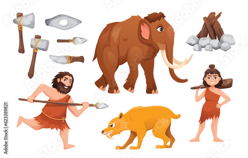 Primitive people in Stone Age, caveman life, vector illustration. Prehistoric cave human family. Neanderthal man and woman, primeval ancestors, vector cartoon illustration. Mammoth and tiger