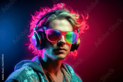 Portrait of man dj in eyewear and headphones on neon dark background. generative AI