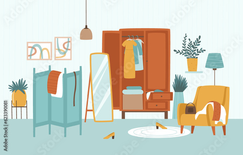 A room with a wardrobe, a mirror and an armchair for choosing an outfit. A mess in the dressing room. Flat vector illustration.
