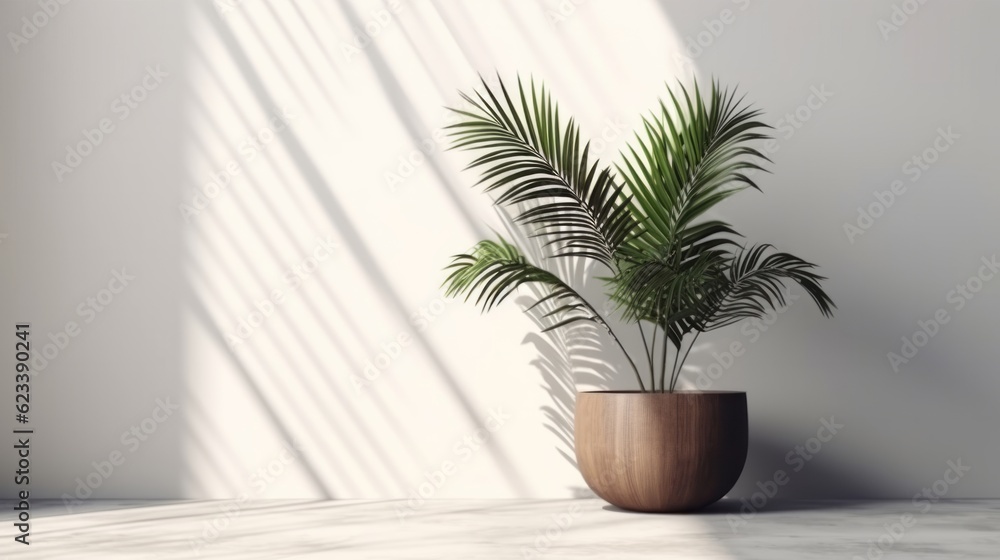 tropical palm tree pot on white clean clear wall with sun light and shade beautiful backdrop mockup nature template design,ai generate