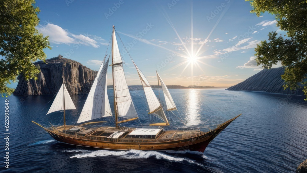 Sailboat in the sea against the background of the sun and blue sky with clouds. Generative AI