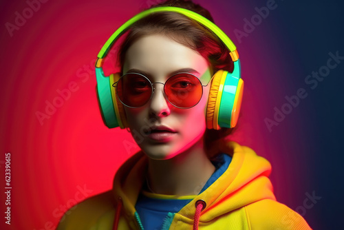 Portrait of woman dj in sunglasses and headphones on colorful background. generative AI