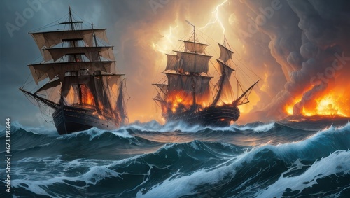 Sailboat in the against the in a violent storm with waves, lightning and thunderstorm. Generative AI