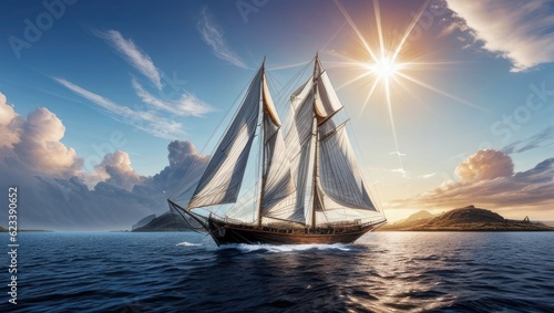 Sailboat in the sea against the background of the sun and blue sky with clouds. Generative AI