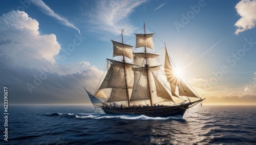 Sailboat in the sea against the background of the sun and blue sky with clouds. Generative AI