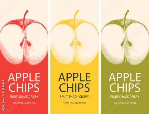 set vector label packaging for apple chips with realistic drawing of apple