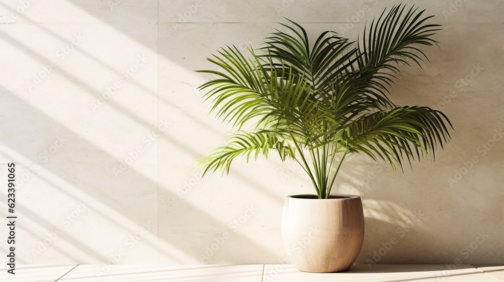 Fototapeta premium tropical palm tree pot on white clean clear wall with sun light and shade beautiful backdrop mockup nature template design,ai generate
