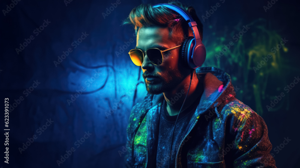 Portrait of man dj in eyewear and headphones in neon lights. generative AI Portrait of man dj in eyewear and headphones in neon lights. generative AI
