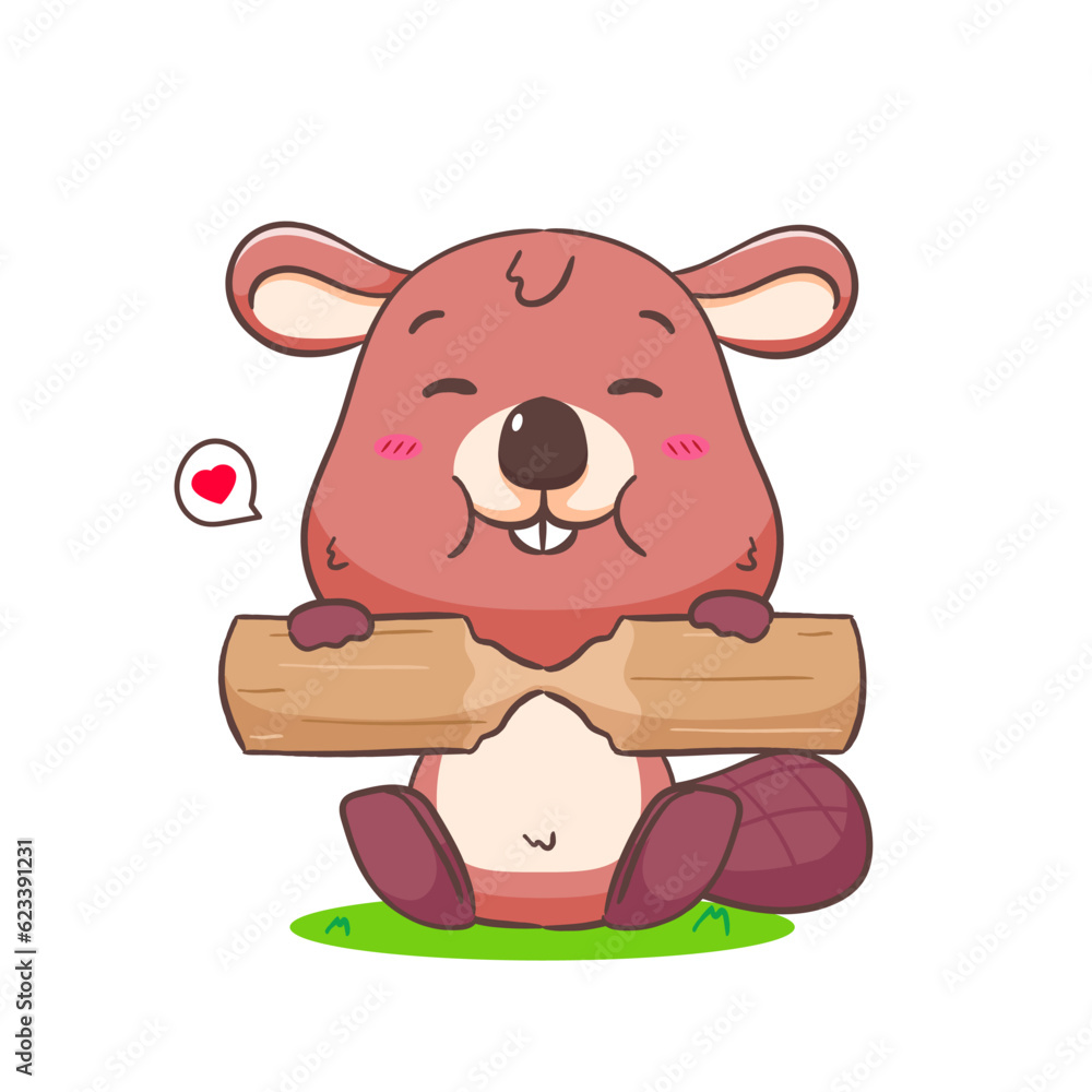 Cute Beaver Cartoon Character Eating Wood Mascot vector illustration. Kawaii Adorable Animal Concept Design. Isolated White background.