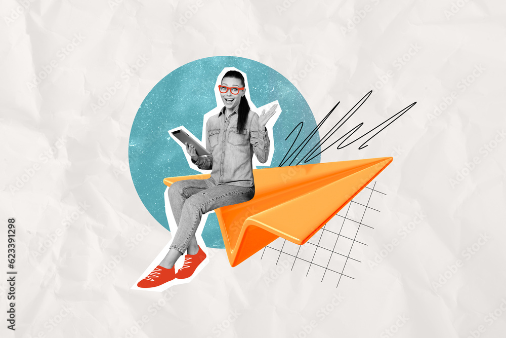 Obraz premium Full body photo magazine collage of funny young girl sit paper airplane sending message social media tablet isolated on white background
