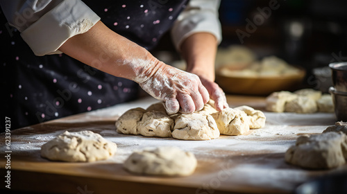 Female hands forming dough for baking cookies