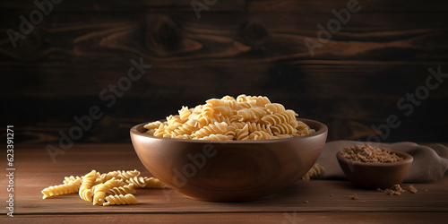 Raw pasta fusilli in a bowl on dark wooden background.