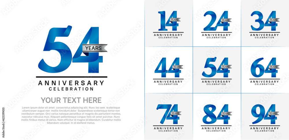 set of anniversary logo with blue number and silver ribbon can be use for celebration