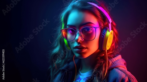 Portrait of woman dj in sunglasses and headphones on dark background. generative AI