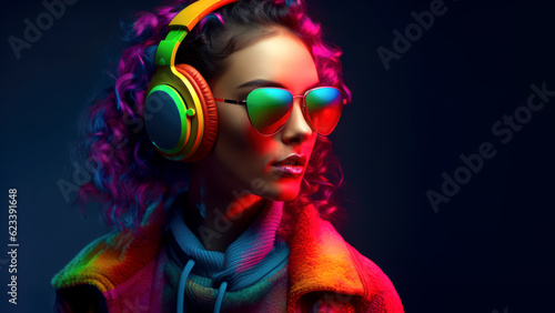 Portrait of woman dj in sunglasses and headphones on dark background. generative AI © zamuruev