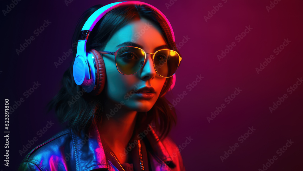Portrait of woman dj in sunglasses and headphones on colorful background. generative AI Portrait of woman dj in sunglasses and headphones on colorful background. generative AI