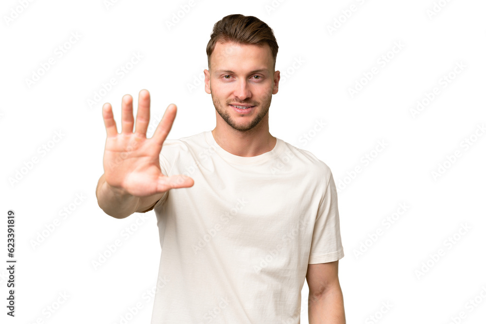 Young blonde caucasian man over isolated background counting five with fingers Young blonde caucasian man over isolated background counting five with fingers