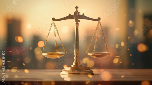 Fairness scales of justice against court house building on the background 