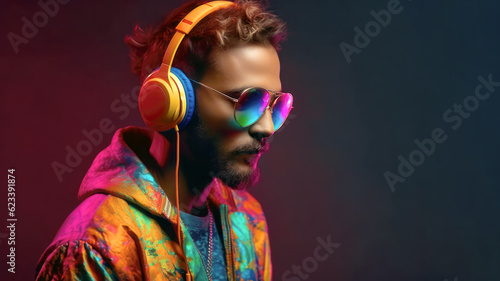 Portrait of man dj in eyewear and headphones on dark background. generative AI