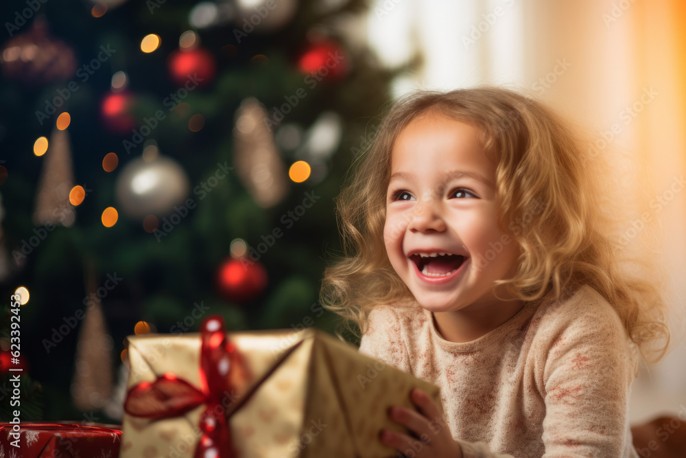 A cute little girl celebrating Christmas opening gifts from santa
